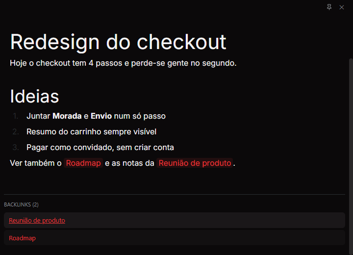 Nota 'Redesign do checkout' com wikilinks a vermelho e a lista de backlinks